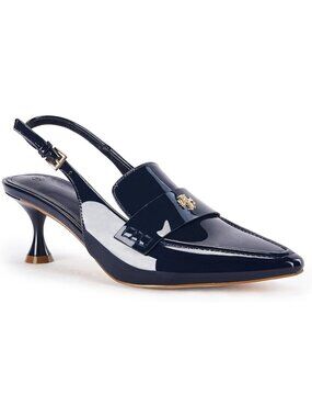Women's Navy Faux Leather Pointed Toe Sandals Slingback Kitten Ankle Heel Shoes